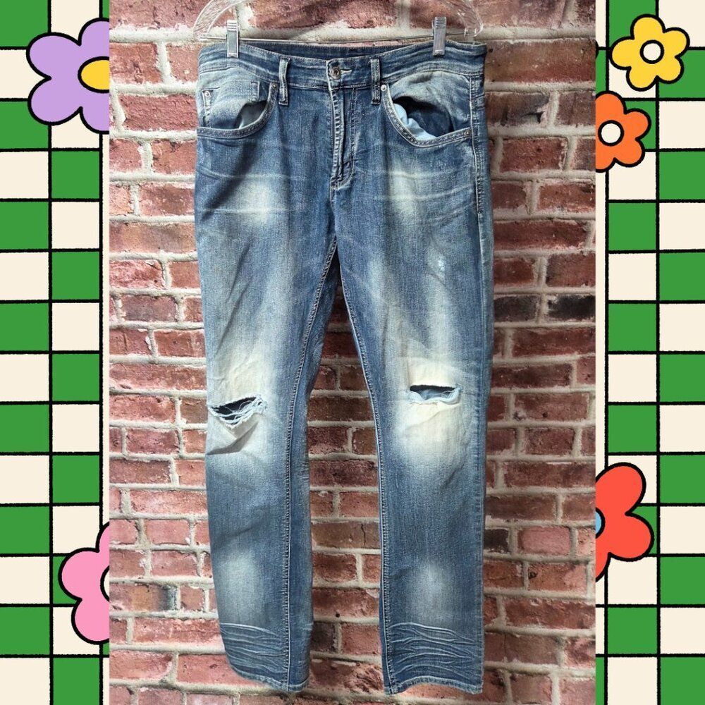 Ash X Jeans 33x32 | Blue Ripped Wide‎ Leg Low Rise Y2K Streetwear Grunge